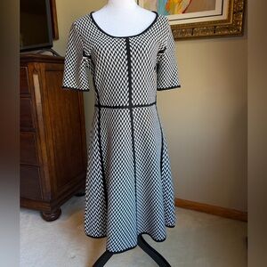 Nina Leonard Black and White Chevron Fit-and-Flare Midi Dress